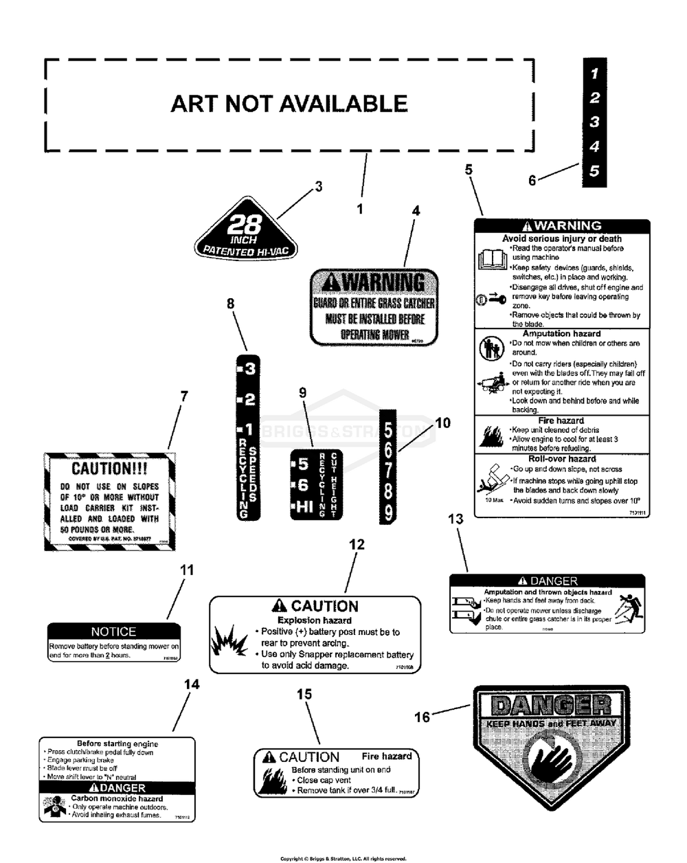 Decals Diagram and Parts List for 7800669 (107280340)(2010) Briggs and Stratton Lawn Tractor